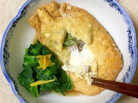 豚ひき肉と葱のたまご巾着煮withかき菜。